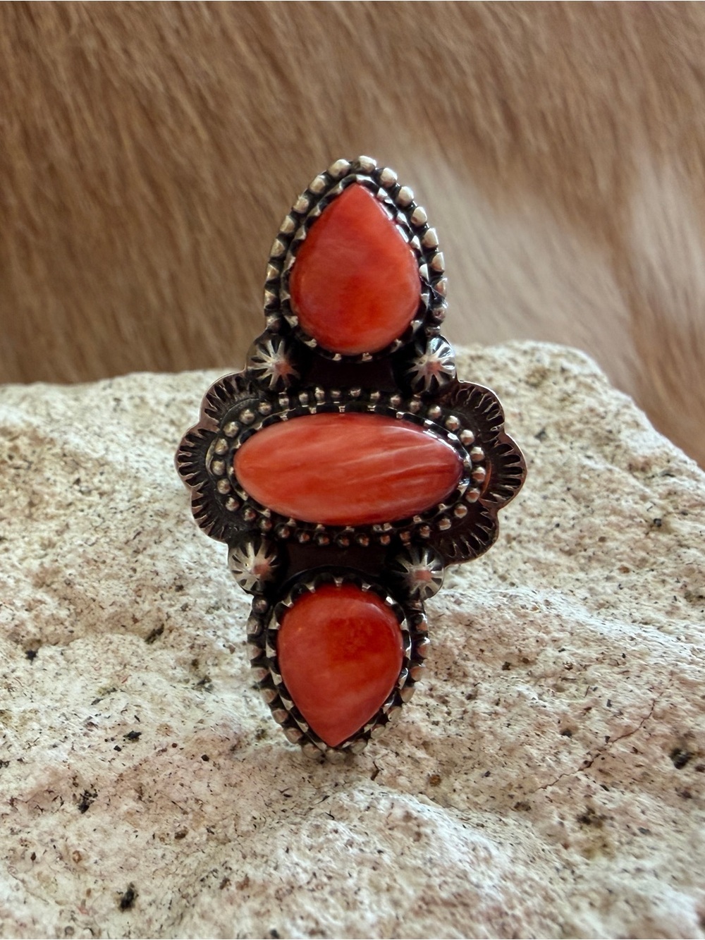 ❤️ Stunning Red-Orange Spiny Oyster Navajo Style Sterling Silver Ring Size 6.75